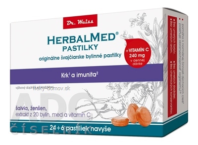 HERBALMED PASTILKY krk a imunita - Dr.Weiss (šalvia, ženšen, 20 bylín, vit.C) pastilky (24+6 navyše) 1x30 ks