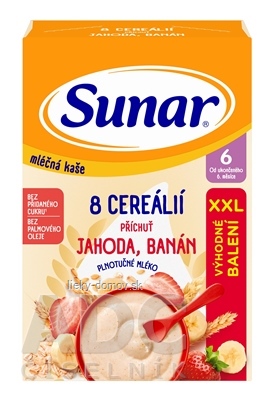 Sunar mliečna KAŠA 8 CEREÁLIÍ príchuť jahoda, banán (od ukonč. 6. mesiaca) XXL balenie 1x340 g